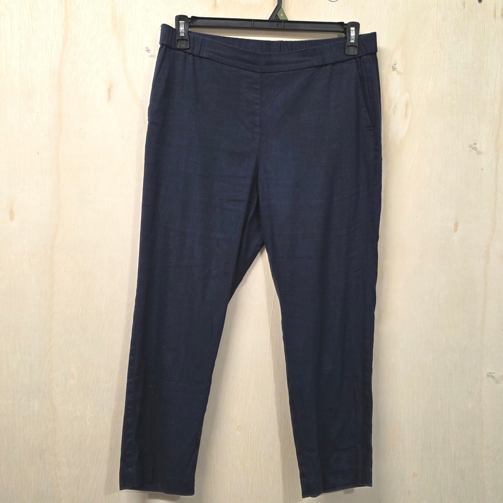 J. Jill Navy Blue Linen Stretch Pull On Straight Leg Trousers Pants Womens M